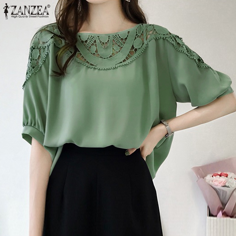 Áo kiểu ZANZEA tay lỡ cổ tròn phối ren phong cách Hàn Quốc dành cho nữ