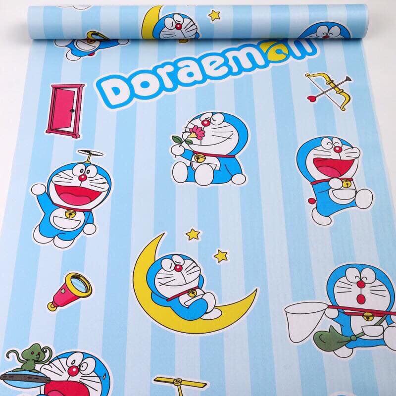 [FREE SHIP] Cuộn 10m Giấy dán tường Đô rê mon kẻ sọc - 10m Decal dán tường DORAEMON kẻ sọc có keo sẵn