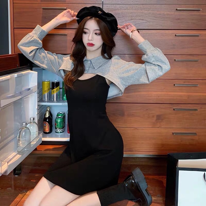 [Ảnh độc quyền] Sét váy áo cổ sơ mi cài cúc mix đầm 2 dây nữ dáng chữ A phong cách Hàn quốc | BigBuy360 - bigbuy360.vn