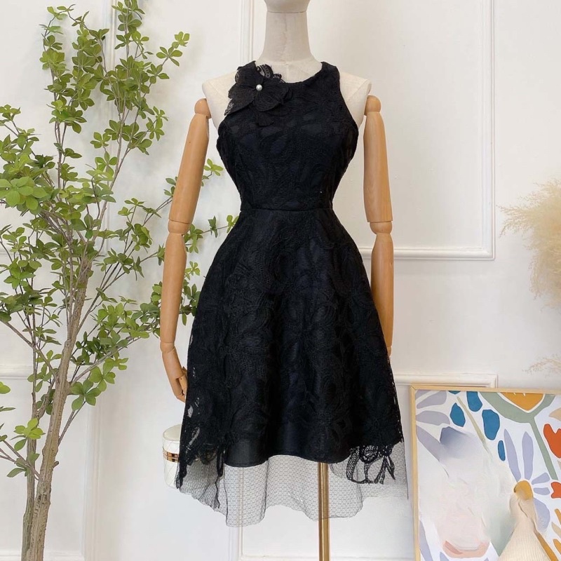 ĐẦM REN SÁT NÁCH KÈM HOA HẠT CƯỜM NƠ 3 MÀU - CHẤT REN CAO CẤP - MÀU CAM /  TRẮNG / ĐEN alohashop91