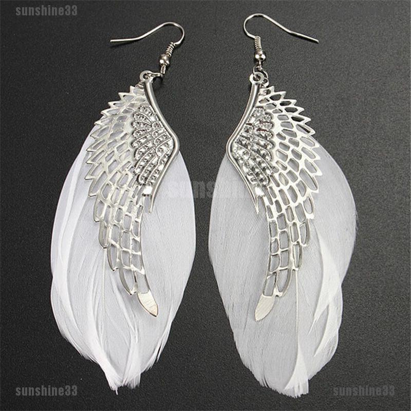 Khuyên tai dáng dài hình cánh thiên thần phối lông vũ siêu xinh