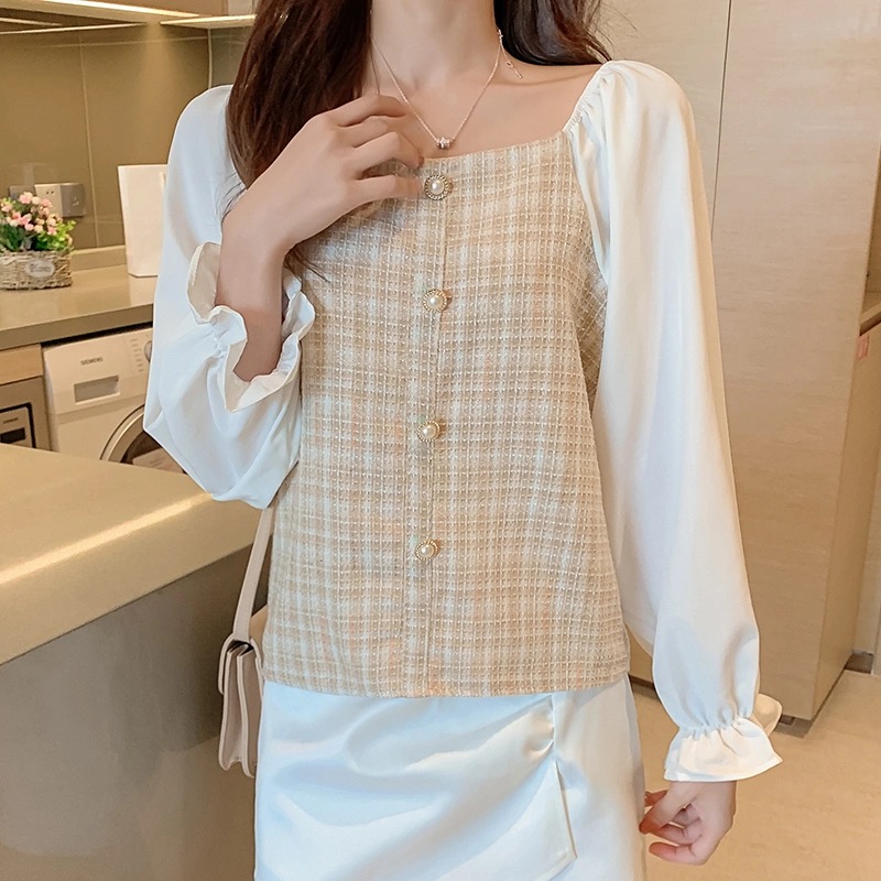 Áo kiểu BH họa tiết kẻ caro thời trang hàn quốc tay dài retro dành cho nữ
