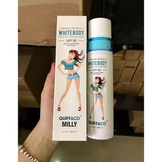 Xịt chống nắng dưỡng trắng nâng tone da tức thì white body quiff&co milly spf50 150ml hàn quốc