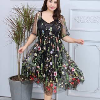 Đầm ren dự tiệc 2 lớp big size thêu hoa sắc màu cao cấp size lớn 65-75kg