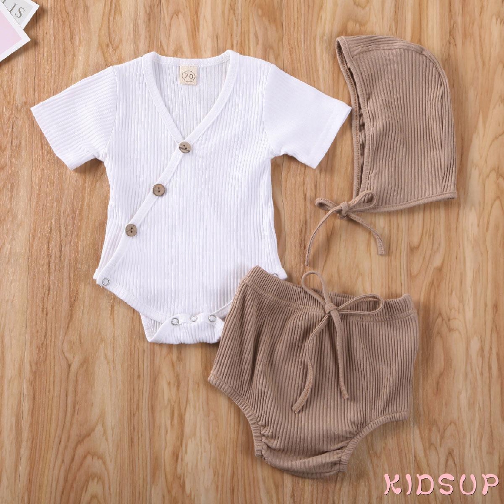 Bộ Đồ 3 Món Áo Liền Thân Cotton Không Tay Cổ Chữ V + Quần Short Kẻ Sọc + Mũ Cho Bé Trai / Gái