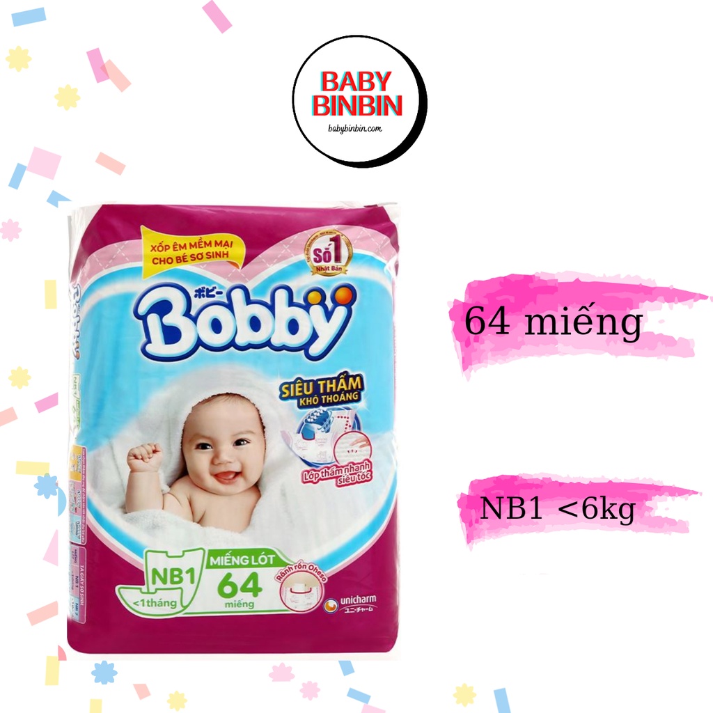 (Cộng 6 miếng) Miếng lót sơ sinh Bobby size NB1 64 miếng mẫu mới (cho bé dưới 1 tháng)