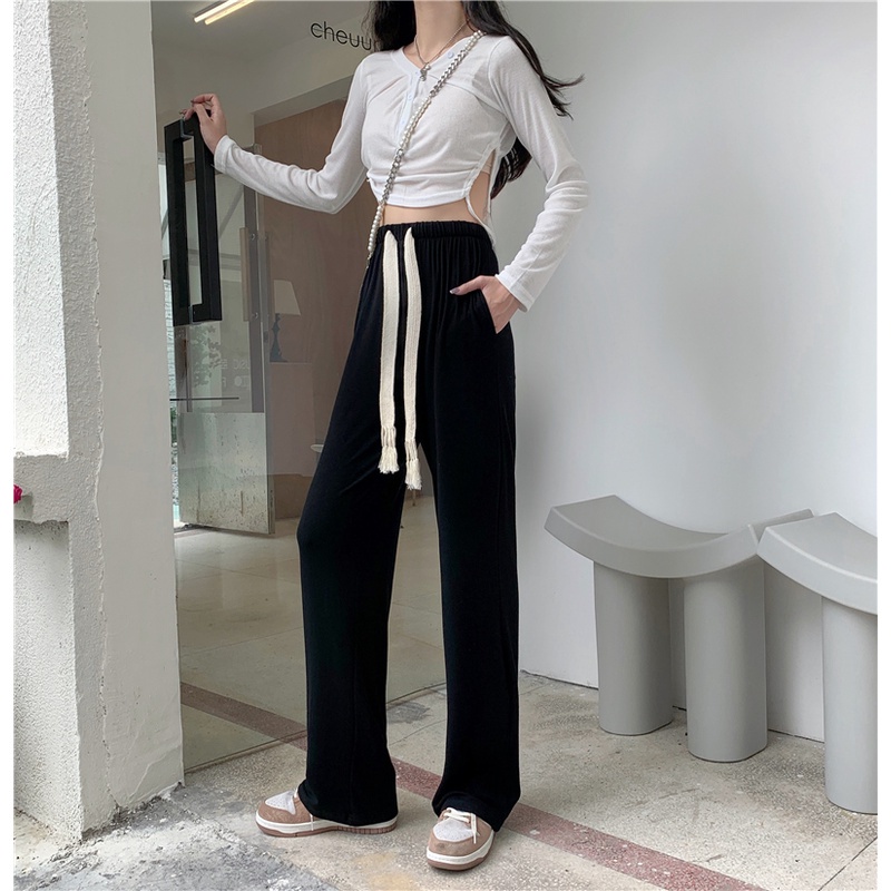 Quần Thể Thao Màu Đen Ống Rộng Phối Dây Rút Phong Cách Hàn Quốc Cho Nữ Đủ Size Phong Cách Ulzzang