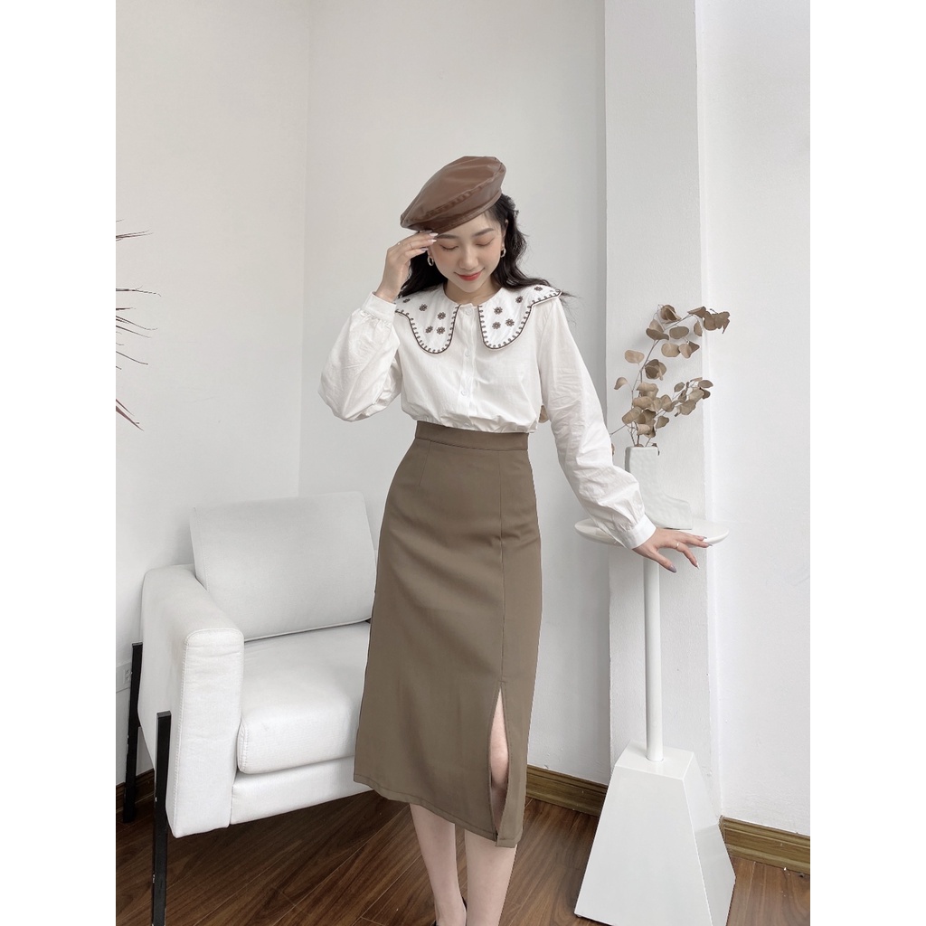 ÁO THÊU VIỀN CỔ 5 BÔNG HOA TRÒN 805