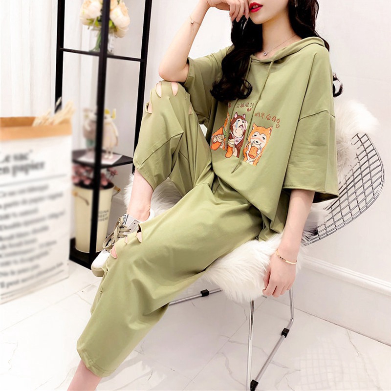 Women 2pcs/Set Cartoon Print Hole Korean Style Fashion Casual Hooded Top + Wide Leg Pants