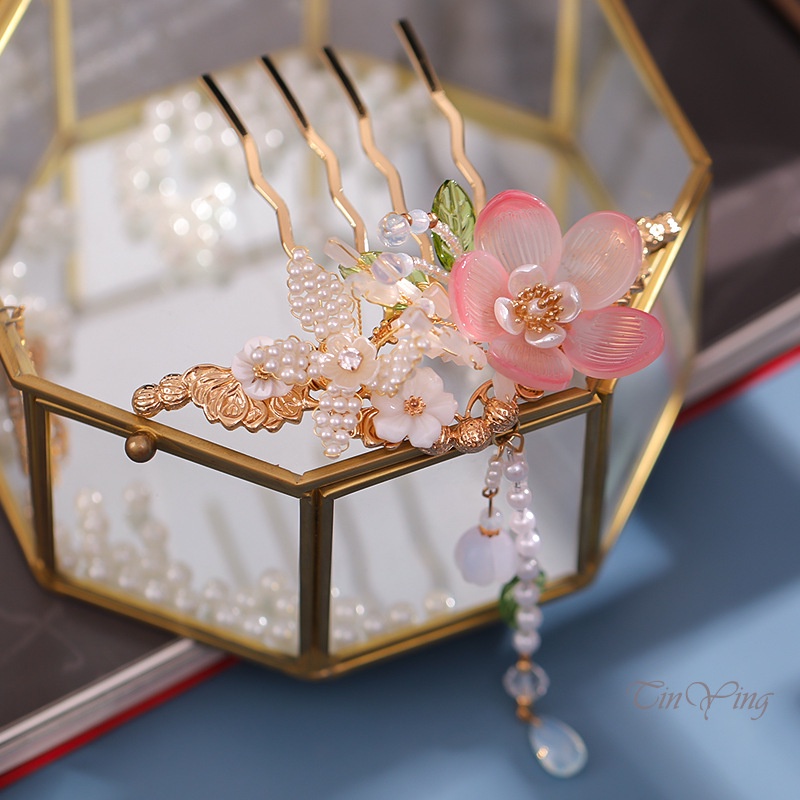 GETNOIVAS Trâm Cài Tóc Hình Hoa Đính Ngọc Trai Phối Tua Rua Phong Cách Trung Hoa Cổ Điển Cho Nữ