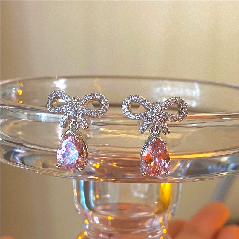Bông Tai Mạ Bạc 925 Hình Nơ Đính Đá Zircon Hồng Siêu Lấp Lánh Sang Trọng Cho Nữ