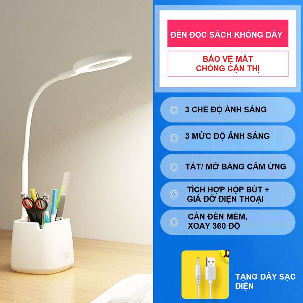 Đèn Bàn Học Đọc Sách LED Chống Cận 03 Chế Độ Ánh Sáng Vàng Bảo Vệ Mắt Có Hộp Bút Và Giá Để Điện Thoại