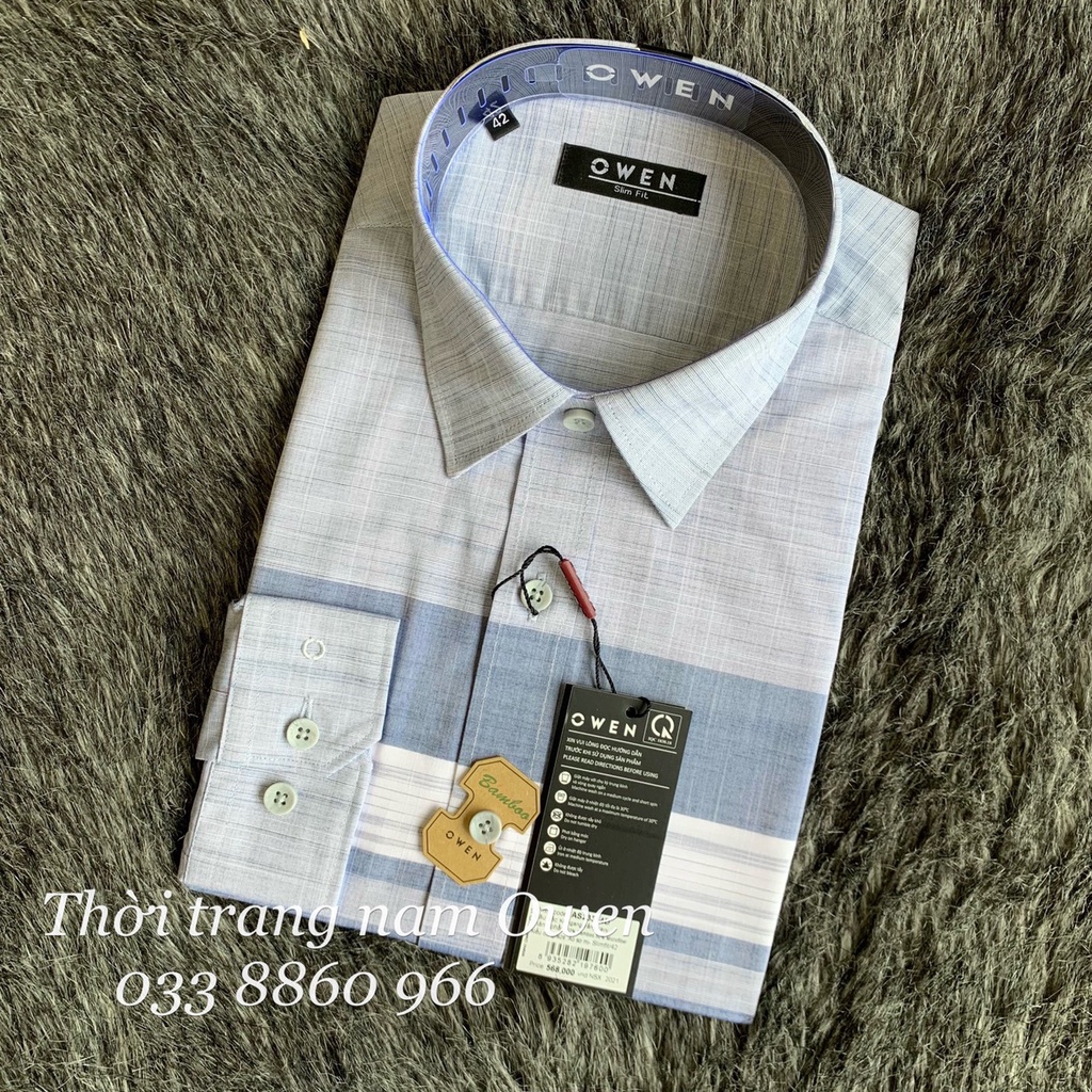 OWEN - Áo sơ mi dài tay Owen Slimfit chất sợi tre kẻ ngang xám xanh 23314