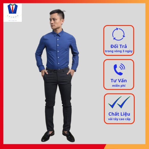 Sơ mi nam xanh cotton lụa trơn cao cấp