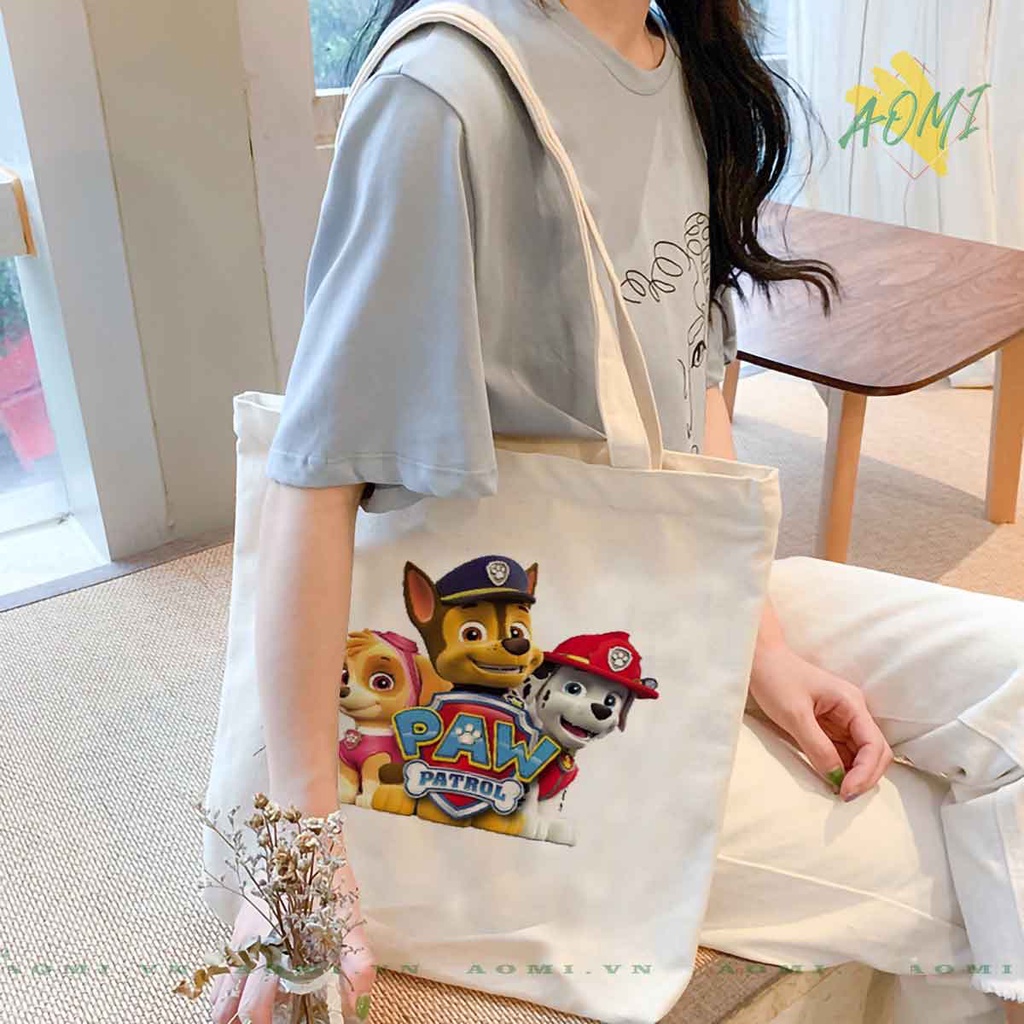 TOTE CANVAS đội chó cứu hộ trẻ em TÚI VẢI ĐEO VAI BAG CÓ KHÓA KÉO SIZE LỚN 33x38cm AOMIVN DU LỊCH DẠO PHỐ
