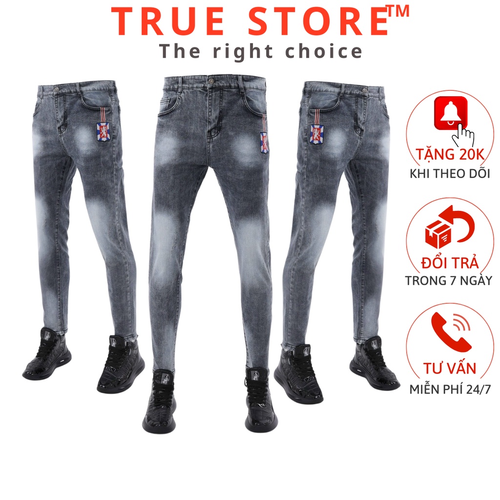 Quần jean nam trơn thêu logo phối bạc cực ngầu, quần bò nam cao cấp đen xám form đứng y hình tự chụp, True Store, QJ73