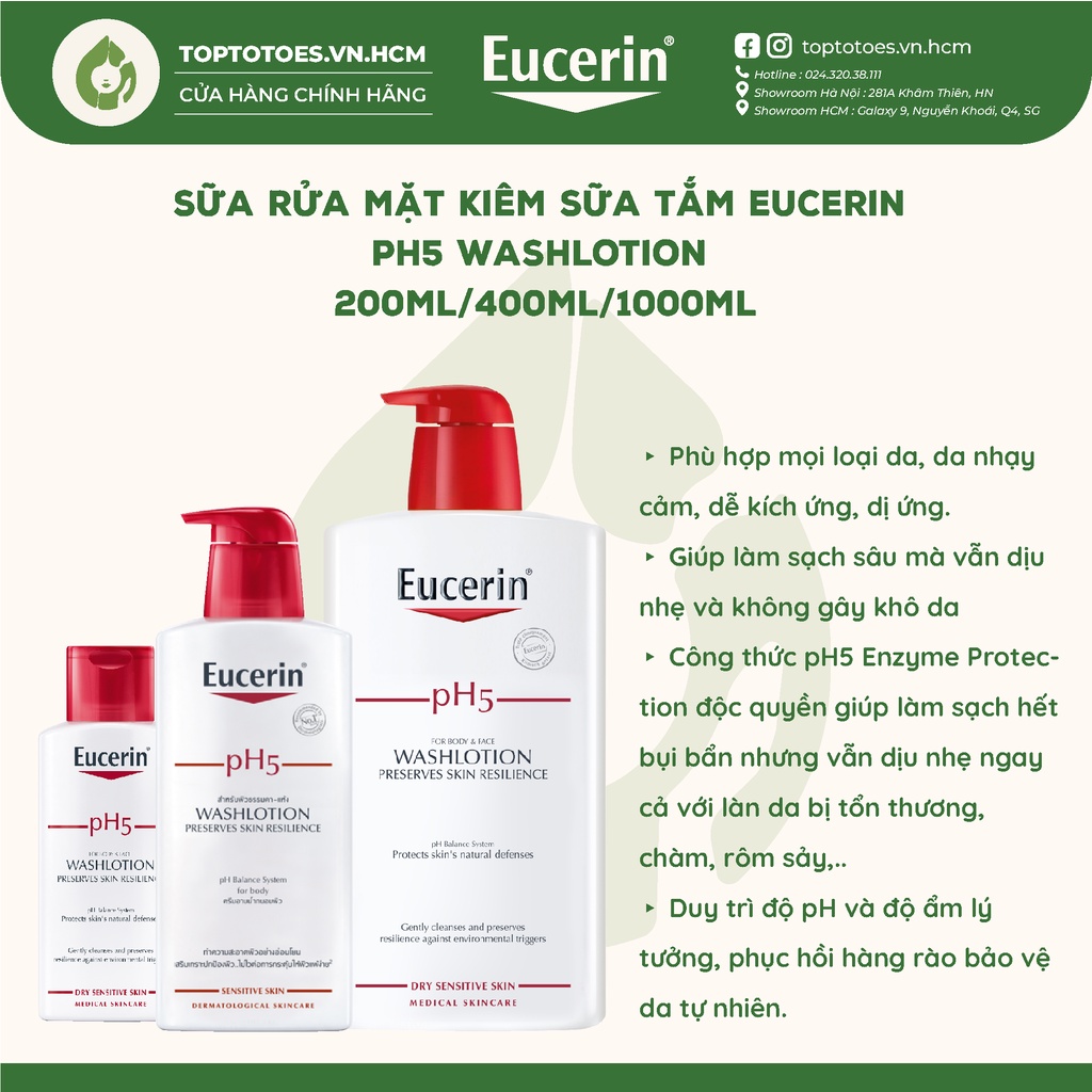 Sữa rửa mặt kiêm sữa tắm Eucerin pH5 Washlotion for Body &amp; Face - 200ml/400ml/1000ml