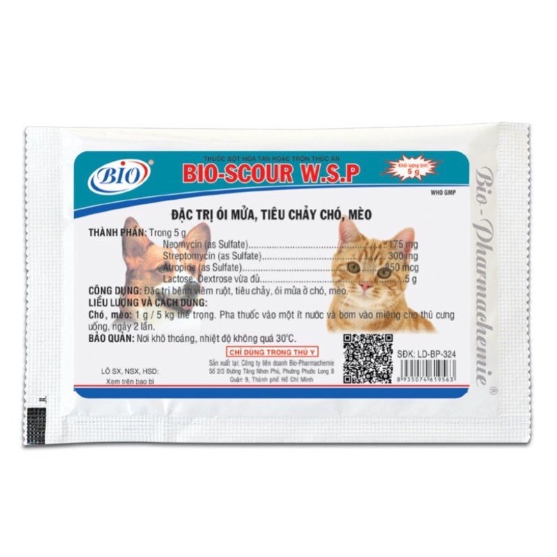 Bio Scour W.S.P 5g - Hỗ trợ kiểm soát viêm ruột, tiêu chảy trên thú cưng, Bio pharmachemie