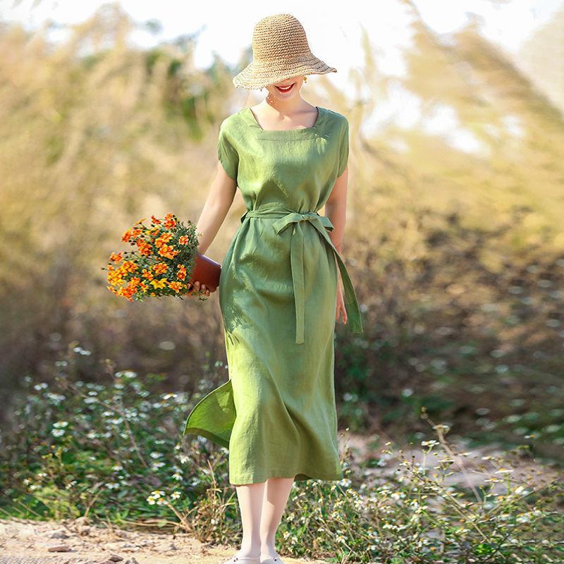 Đầm Cotton Lanh Cao Cấp Màu Xanh Lá Phong Cách retro Mùa Hè Cho Nữ Trung Niên