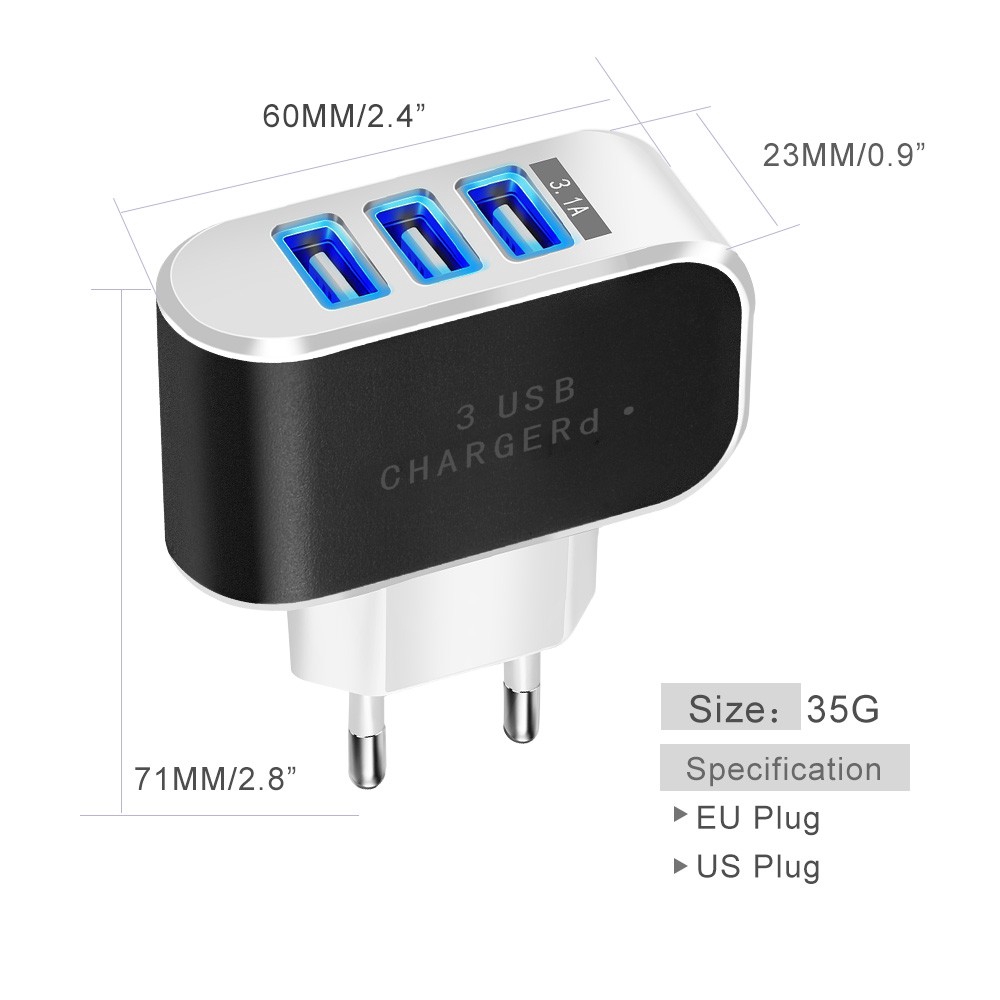 Đầu sạc 3 cổng USB 5V 2.4A cho điện thoại tiện lợi chất lượng cao