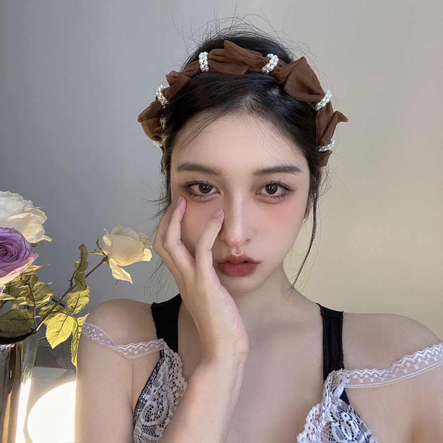 Băng Đô Cài Tóc Lưới Đính Nơ Ngọc Trai Ngọt Ngào Phong Cách Hàn Quốc Cho Nữ