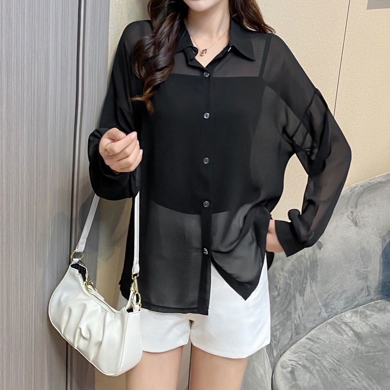 Áo Sơ Mi Voan Mỏng SUNNNY Áo Sơ Mi Dài Phong Cách Đơn Giản