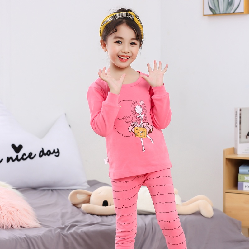 Bộ Đồ Ngủ Cotton 100% In Họa Tiết Hoạt Hình 7 Màu Thời Trang Thu Đông Cho Bé Gái