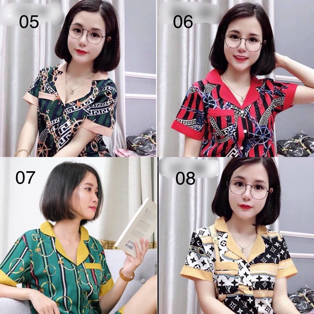 Bộ ngủ lụa cát hoạ tiết phối cổ