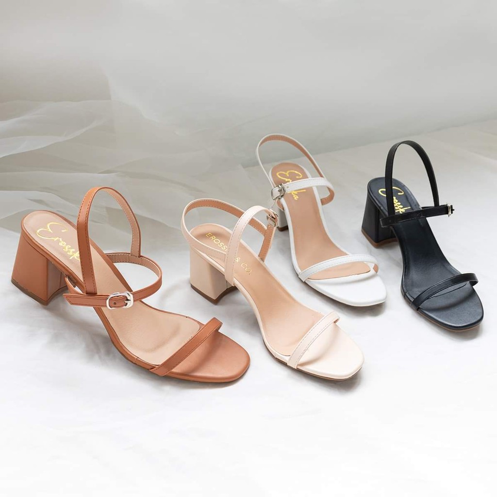 GIÀY SANDAL CAO GÓT 5CM QUAI NGANG ĐẾ VUÔNG 5P 3 MÀU ĐEN KEM TRẮNG