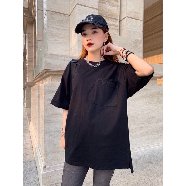 Áo thun BOBUI, áo thun thêu logo basic BOBUI full tag túi - màu đen