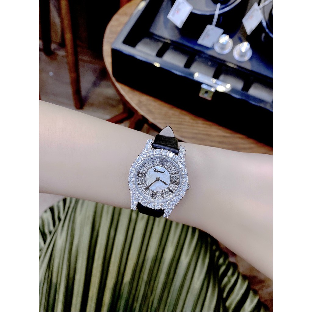 Đồng hồ nữ dây da, đồng hồ đeo tay chính hãng CHOPARD full box mặt đính kim cương nhân tạo Swarovski siêu cao cấp