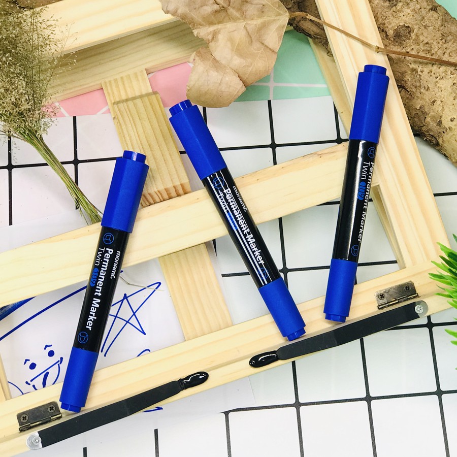 Bút lông dầu 2 đầu Monami Twin 109 - Màu xanh (Thái Lan) - Hộp 12 bút