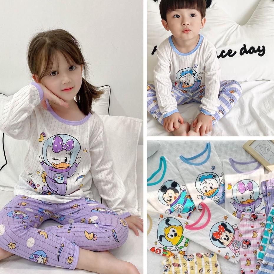 Bộ áo tay dài và quần dài bằng cotton thoáng khí in hoạt hình đáng yêu cho trẻ nhỏ