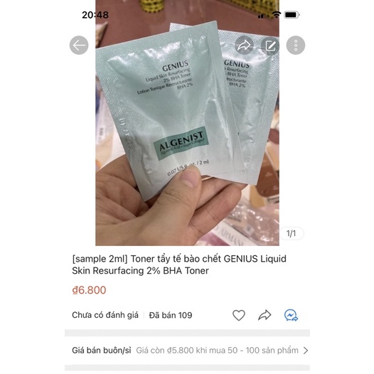 [combo 300 gói] [sample 2ml] Toner tẩy tế bào chết GENIUS Liquid Skin Resurfacing 2% BHA Toner