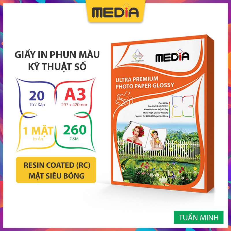 Giấy In Phun Màu Media Inkjet 1 Mặt Siêu Bóng (Resin Coated RC), A3 260gsm 20 Tờ, Dùng Cho Tất Cả Máy In Phun Màu