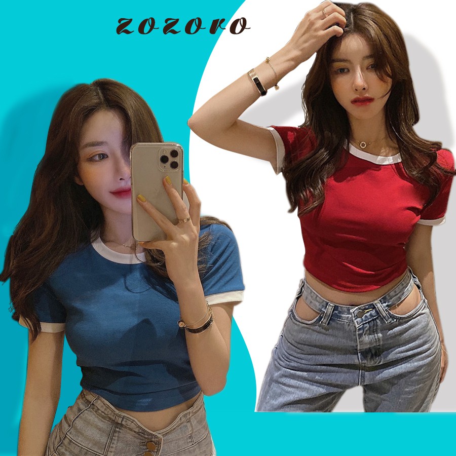 Áo croptop ôm body tay ngắn cổ tròn phối  viền 2 màu cá tính -ACN4