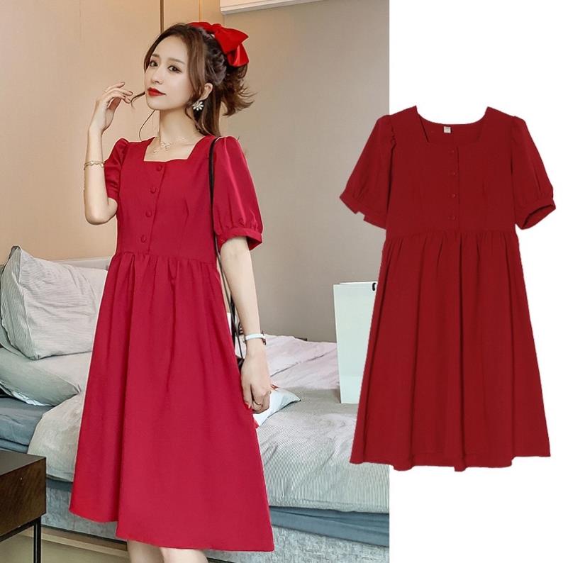 Váy bầu dáng babydoll cổ vuông tay chun xinh xắn kèm dây đai
