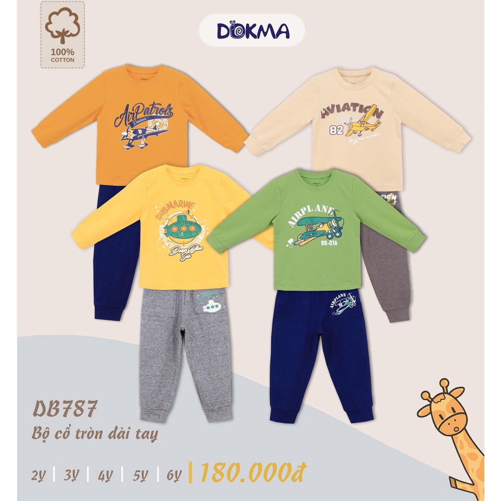 Bộ dài tay cổ tròn vải cotton mỏng họa tiết cho bé yêu - DOKMA
