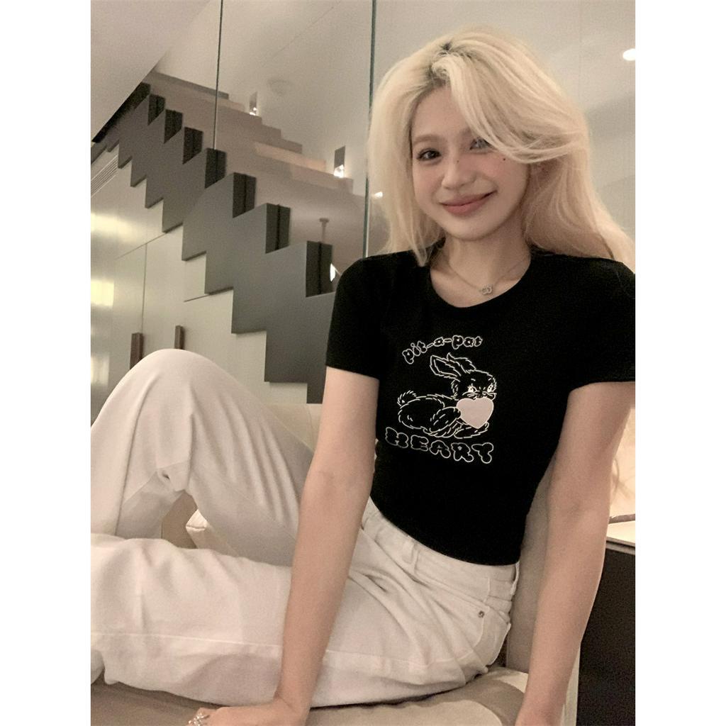 QADCOL Áo Thun Tay Ngắn Hở Eo In Hình Thỏ Dễ Thương Thời Trang Mùa Hè Cho Nữ