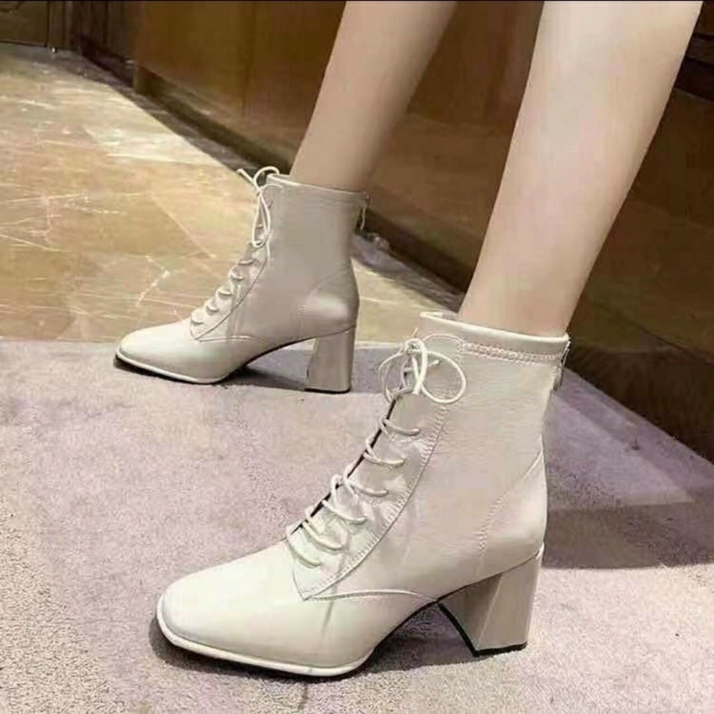 Bốt buộc dây khoá sau da bóng gót vuông 7p bốt cao cổ thời trang cực chất
