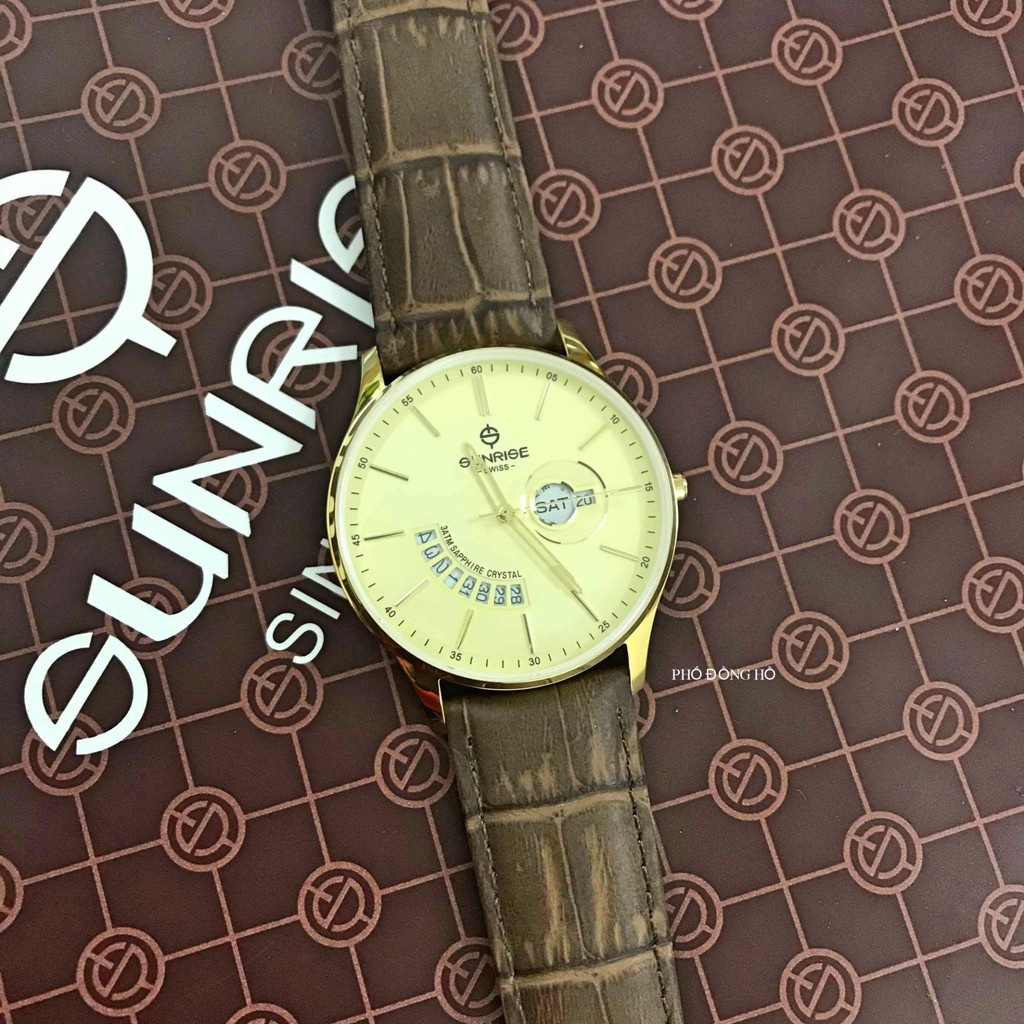 Đồng hồ nam dây da mặt kính sapphire chống xước Sunrise 1127PA DM1127MK-GL vàng