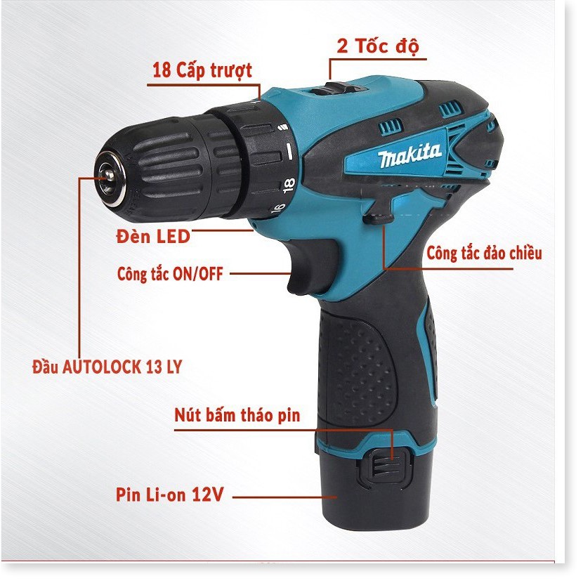 [Chính Hãng] Máy khoan pin makita 12V – KHOAN – BẮT VÍT – VẶN ỐC tặng kèm hộp 24 chi tiết