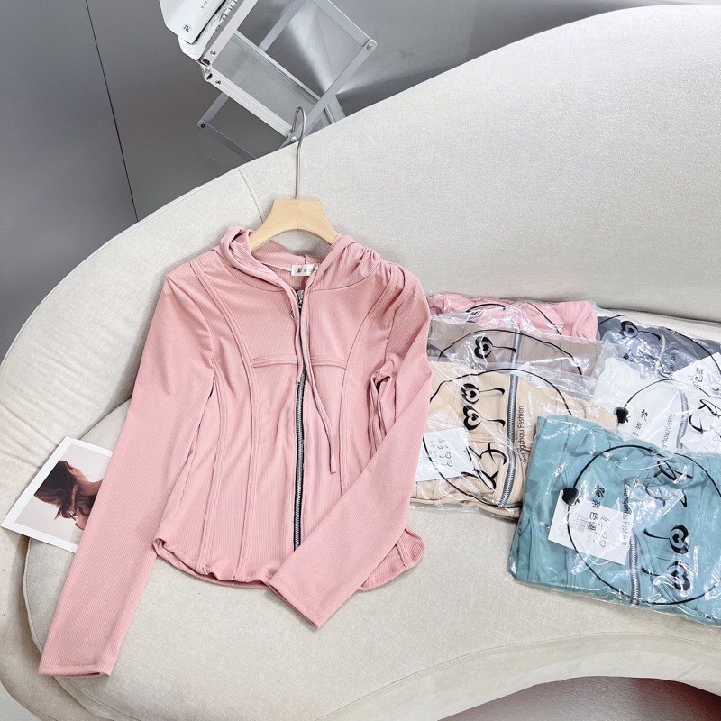 Áo Khoác Tay Dài Viền Gân Ôm Body Vạt Bầu - Áo Thun Tăm Có Mũ