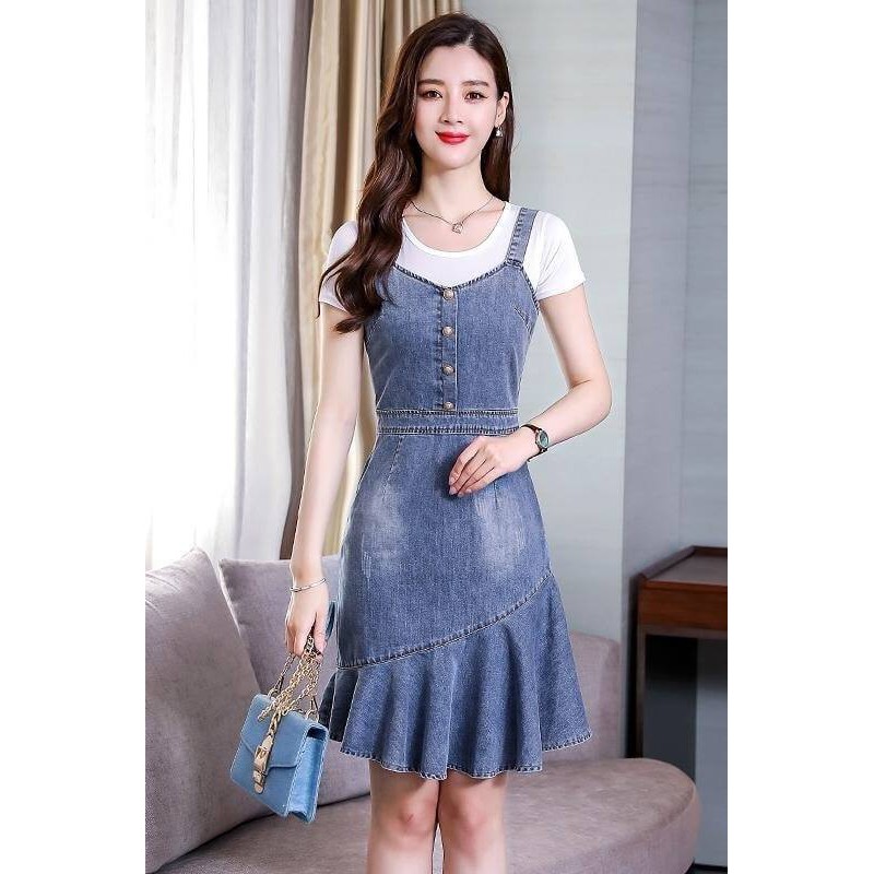 HÀNG NHẬP - SET ĐẦM YẾM JEAN ĐUÔI CÁ KÈM ÁO THUN CAO CẤP - LS160300