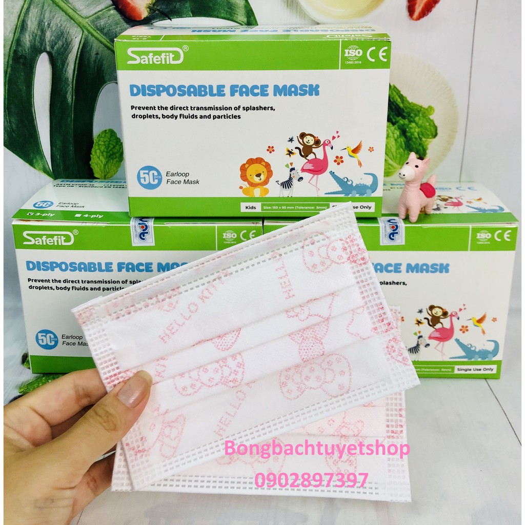 Khẩu trang cho bé 50 cái/ hộp in hình dễ thương/ màu Xanh – Khẩu trang kháng khuẩn 3 lớp cho bé từ 6 – 13 tuổi