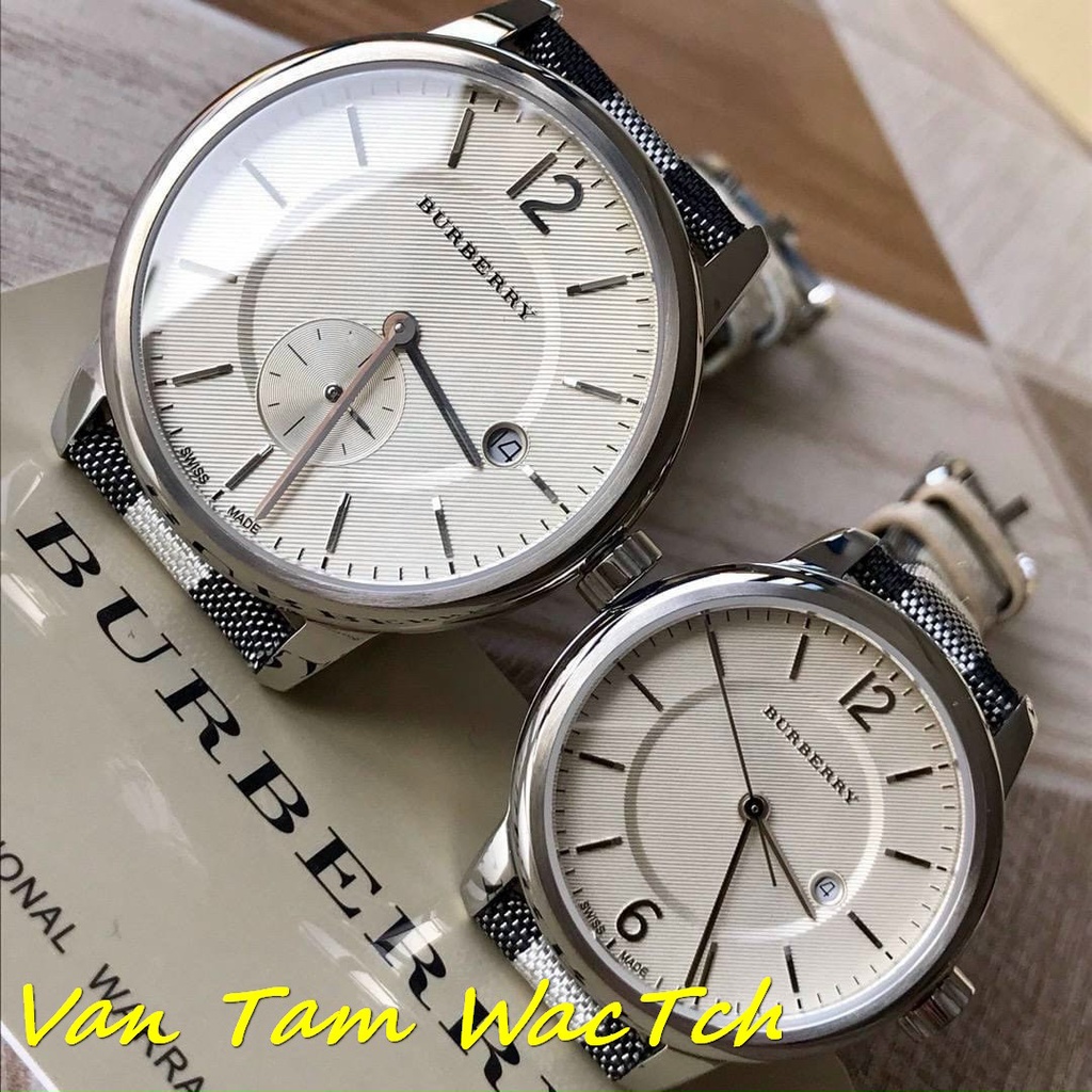 Đồng hồ đôi nam nữ Burberry bu1002 40mm,bu1003 32mm máy Thụy sĩ quartz, mẫu mặt tròn màu trắng, dây da cao cấp