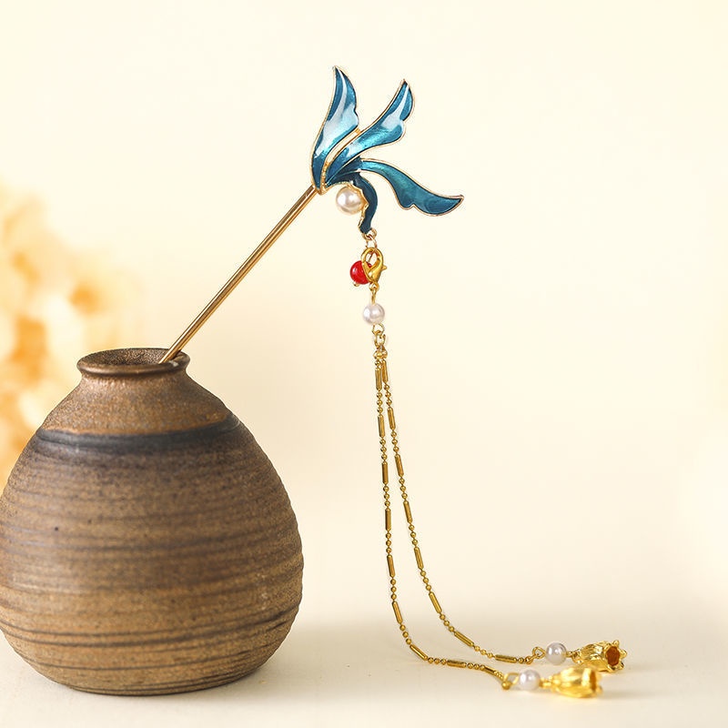 Trâm Cài Tóc Dáng Dài Hình Lá Phối Tua Rua Phong Cách Hán Phục Cổ Điển