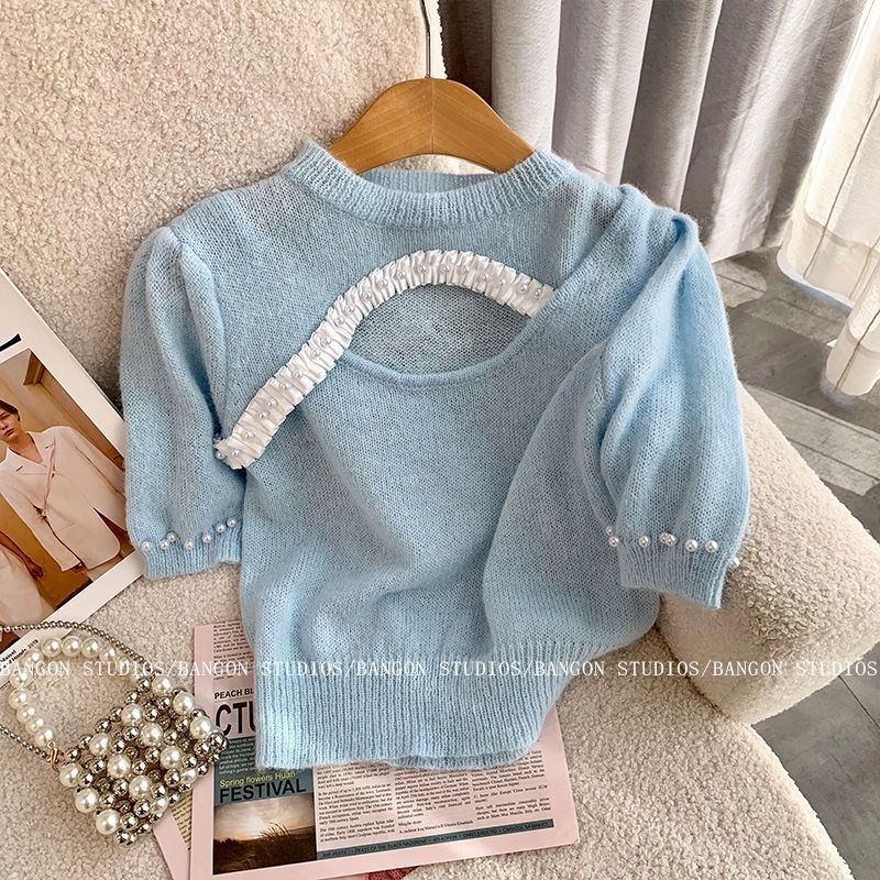 Áo Dệt Kim Tay Ngắn Chui Đầu Màu Tím Đính Ngọc Trai Xinh Xắn Cho Nữ  tao bao