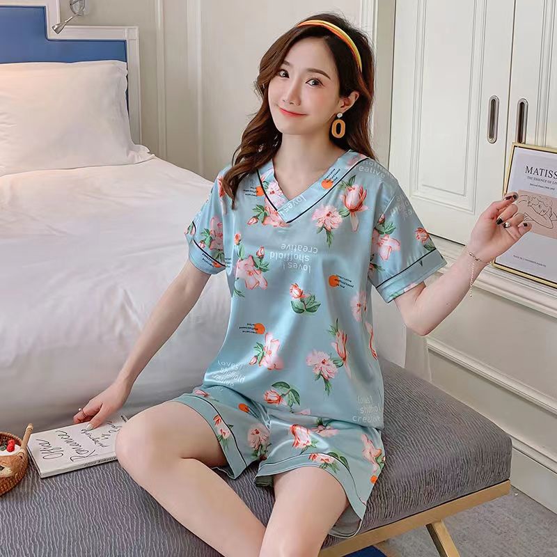 Bộ Đồ Ngủ Tay Ngắn Chất Lụa Satin In Họa Tiết Hoa Phong Cách Hàn Quốc Thời Trang Cho Nữ Size M-4XL