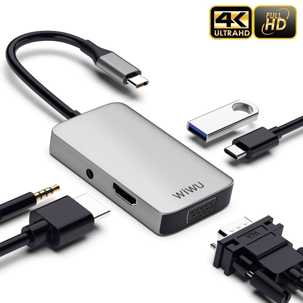 HUB CHUYỂN ĐỔI WIWU 5IN1 ALPHA USB-C - A513HVP HDMI 4K VGA USB 3.0 Jack 3.5mm PD 87W
